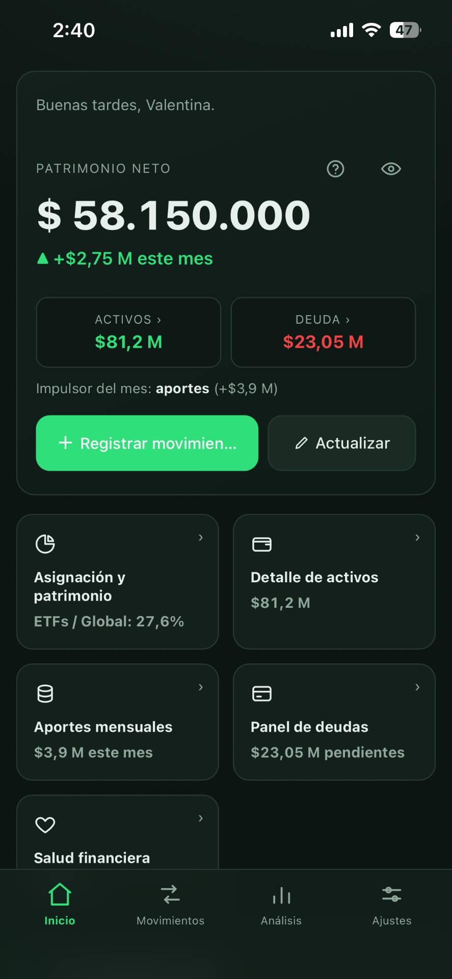 Vista principal del dashboard FNCL mostrando el patrimonio neto